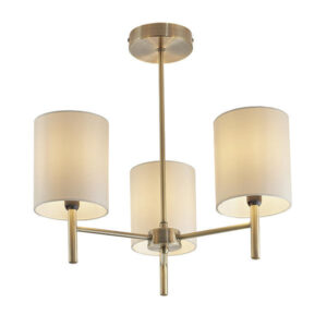 Brio 3 Light Antique Brass and Cream Fabric Shade Semi-Flush Ceiling Light