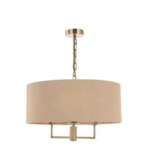 Jamelia 3 Light Antique Brass and Taupe Shaded Pendant Light