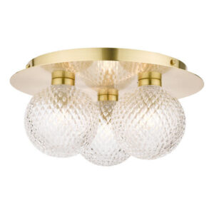 Prague 3 Light Satin Brass and Patterned Glass IP44 Flush Ceiling Light