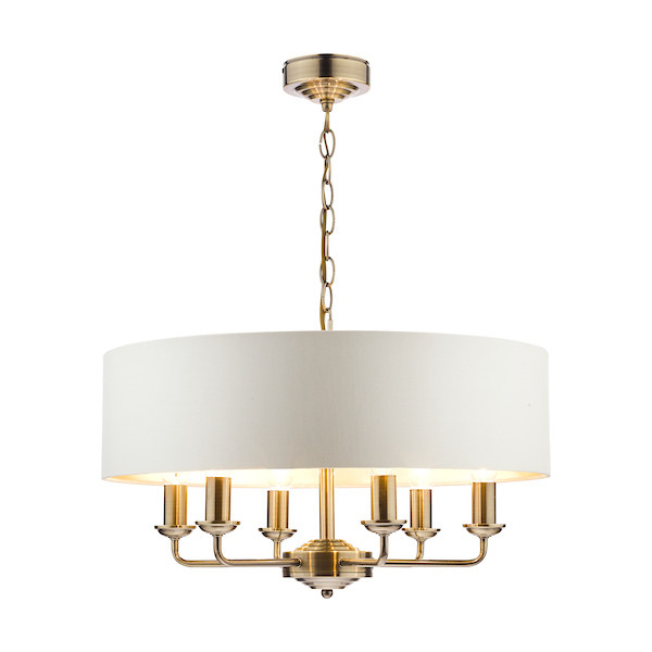 Sorrento 6 Light Antique Brass Armed Fitting with Ivory Shade Pendant Light