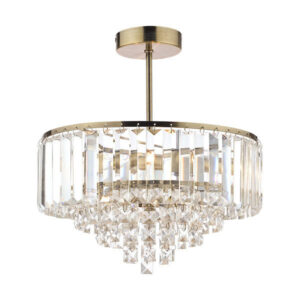 Vienna 3 Light Antique Brass and Crystal Semi Flush Ceiling Light